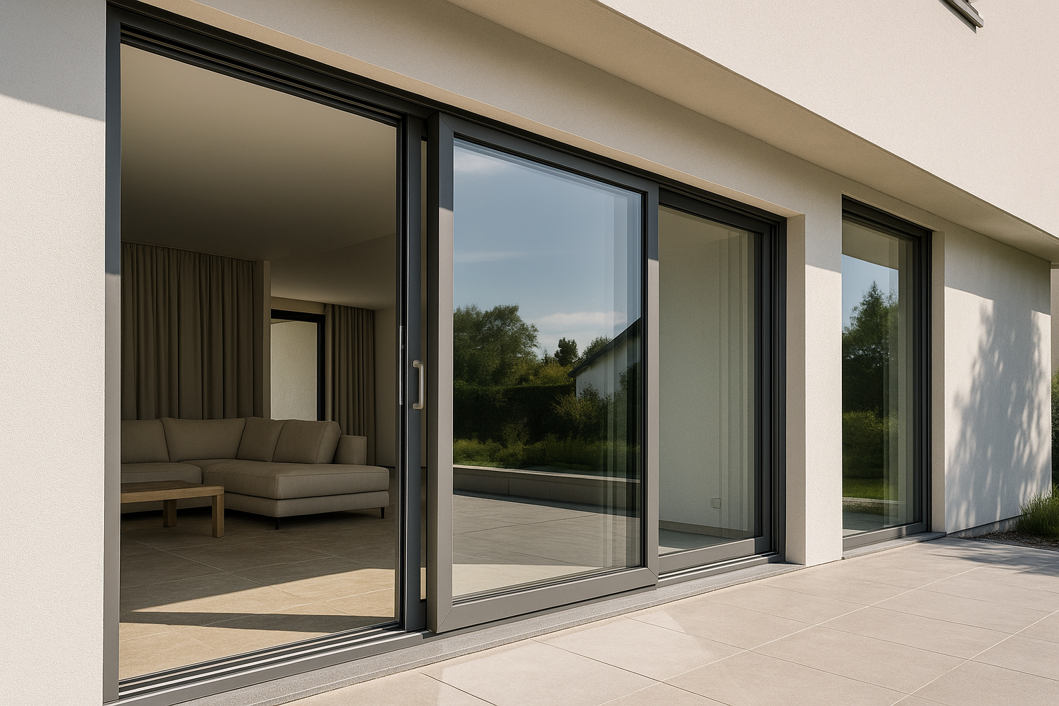 Système coulissant en aluminium posé par SMB Structure avec large vitrage