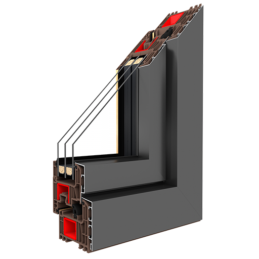 Vue en coupe du profilé PVC 93 Alucover à 7 chambres avec revêtement aluminium, triple vitrage 48 mm et joints EPDM.