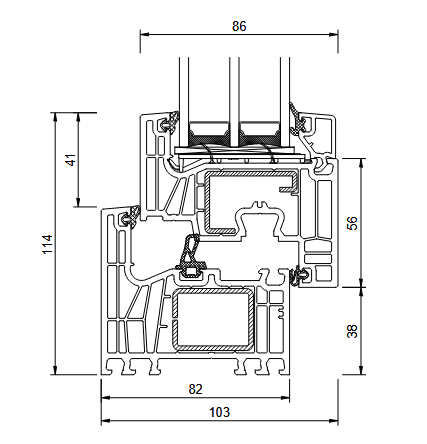 Dessin technique détaillé du profilé PVC 82 Energy avec triple vitrage 48 mm, structure à 7 chambres et trois joints EPDM.