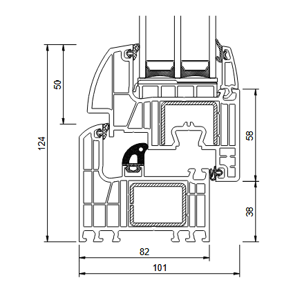 Schéma technique de la fenêtre PVC Iglo Energy – coupe du profil 7 chambres, épaisseur 82 mm