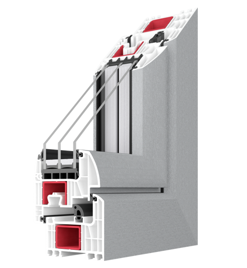 Vue en coupe du profilé PVC 93 Alucover à 7 chambres avec revêtement aluminium, triple vitrage 48 mm et joints EPDM.