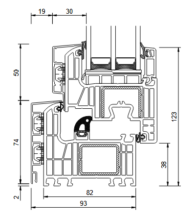 Dessin technique détaillé du profilé PVC 93 Alucover avec triple vitrage 48 mm, structure à 7 chambres et revêtement aluminium.